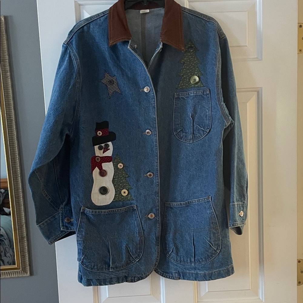 Vintage Snowman Embroidered Denim Coat